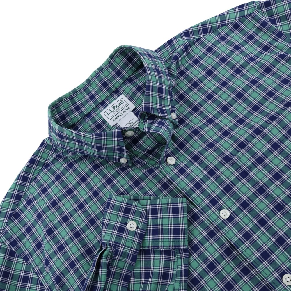 LL Bean Mens Large Plaid‎ Button Down Shirt Green Blue Slightly Fitted 287889